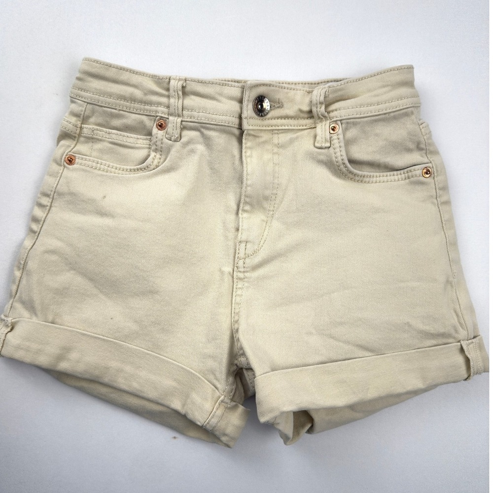 Bershka‎ Beige Denim Shorts Cuffed Hem Casual Everyday Shorts Size 2